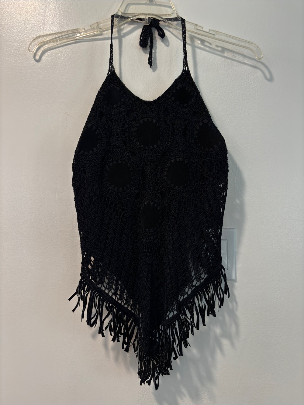 Black Crochet Halter with suede accents Cover-Up - one size